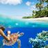 Frau schnorchelt über Korallenriff im tropischen Meer im Hintergrund eine tropische Insel mit Palmen