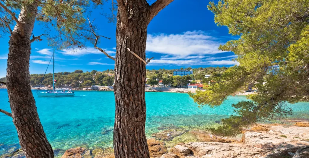 Strand von Slanica auf der Insel Murter, Kroatien, mit kristallklarem Wasser und Pinien