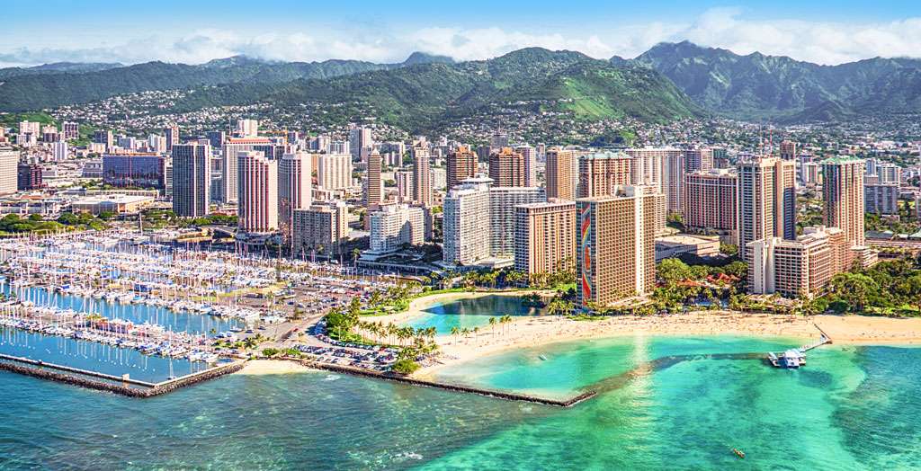 Luftaufnahme auf die Innenstadt von Honolulu auf Oahu, Hawaii