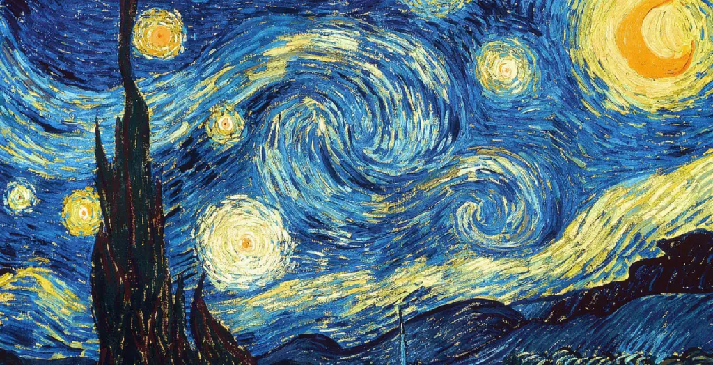 Ölgemälde ‚Die Sternennacht‘ von Vincent van Gogh mit wirbelnden Himmelsmustern und leuchtenden Sternen