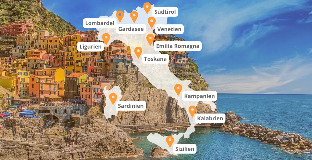 Karte mit beliebten Urlaubsregionen in Italien