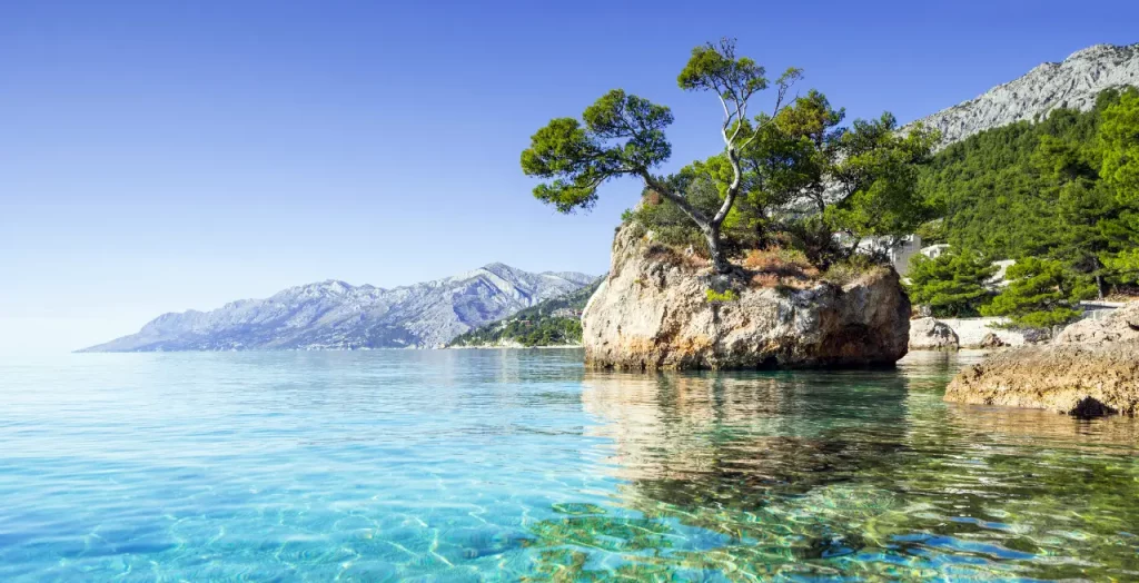 Klare Sicht auf die malerische Bucht in Brela, Kroatien, mit kristallklarem Wasser und grüner Vegetation auf Felsen [Bildquelle: © Poike | Canva]