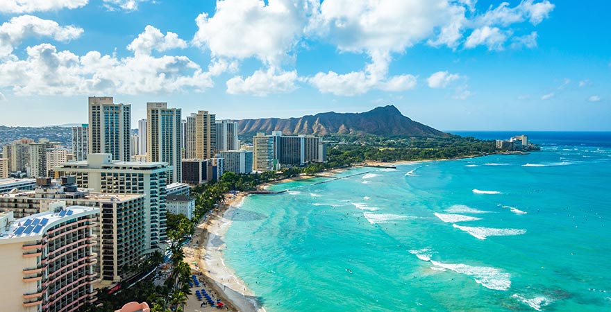 Blick auf den Strand Waikiki Beach auf Oahu, Hawaii