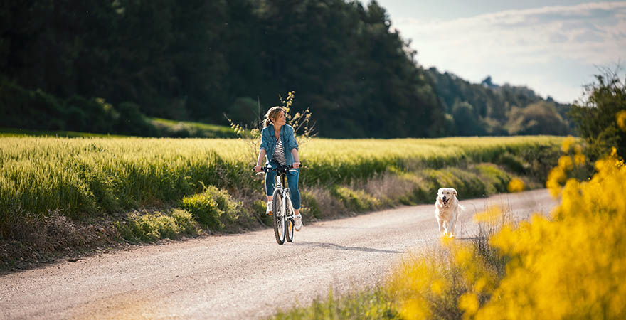 Frau auf einem Fahrrad mit Hund