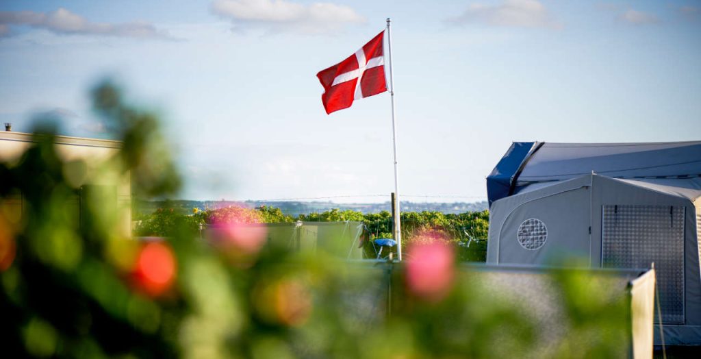 Dänische Flagge weht über einem ruhigen Campingplatz in Dänemark, umgeben von grüner Natur