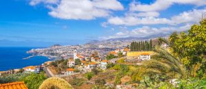 Erhöhter Blick auf Madeiras Hauptstadt Funchal an einem schönen Frühlingstag