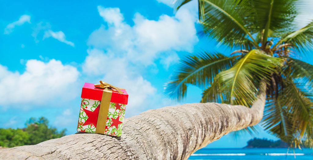 Weihnachtsgeschenk auf einer Palme an einem tropischen Strand