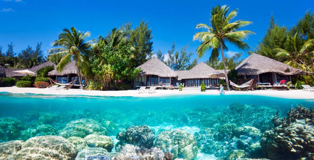 Insel mit Strandvillen und Unterwasserwelt, Malediven