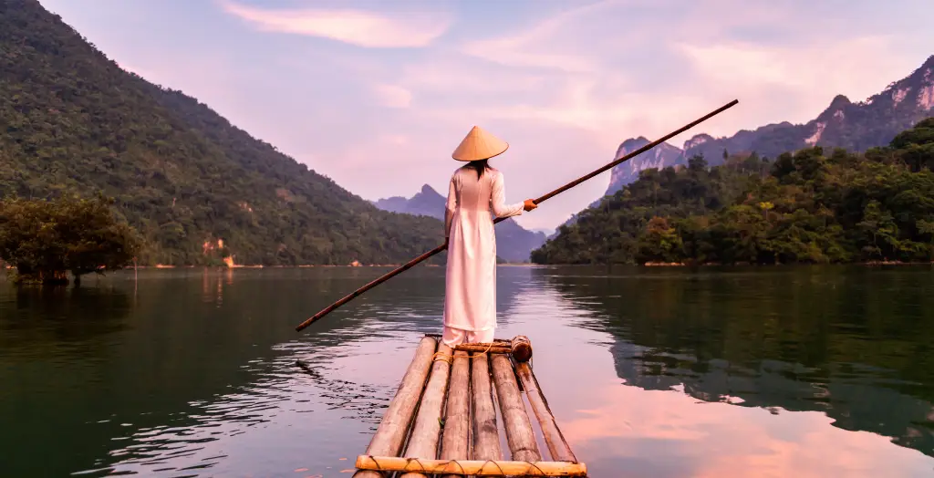 Frau, Floß, Bambusfloß, See, Hanoi, Vietnam