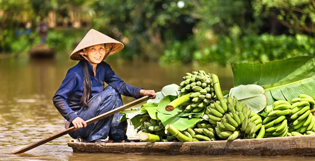 Frau verkauft auf ihrem Boot Obst auf dem Mekong-Delta-Fluss, Vietnam