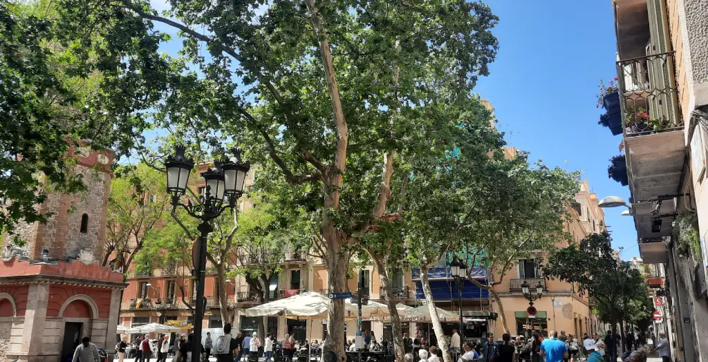 Blick auf den Plaça de la Vila de Gràcia in Barcelona, Spanien
