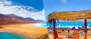 Bildcollage vergleicht Strände von Fuerteventura und Teneriffa, Kanarische Inseln, Spanien