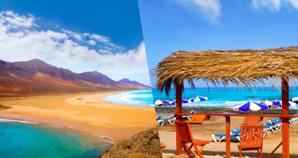 Bildcollage vergleicht Strände von Fuerteventura und Teneriffa, Kanarische Inseln, Spanien
