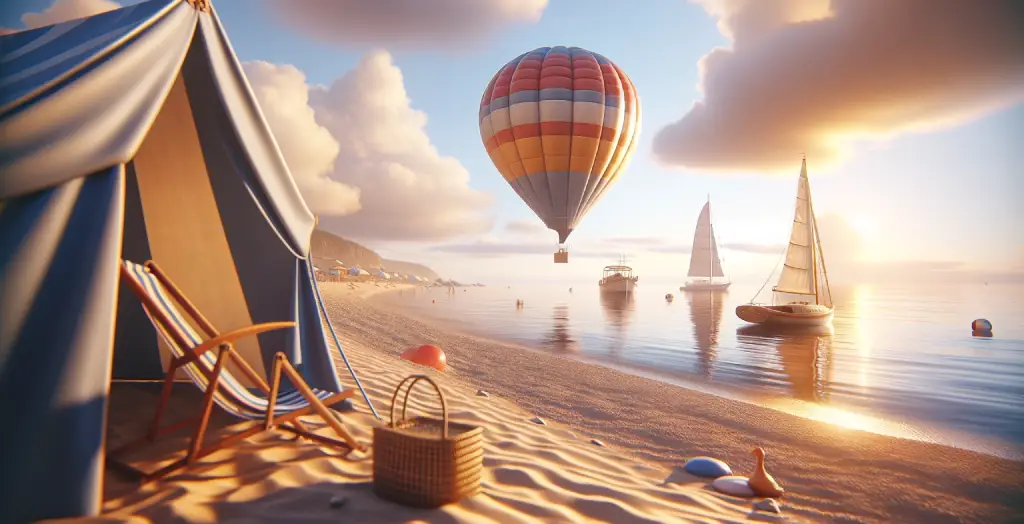 Strand mit einem Zelt und Heißluftballon bei Sonnenuntergang