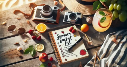 Entspannende Sommer-Bucket-List auf einem Notizbuch mit fruchtigem Cocktail und Retro-Kamera auf Holztisch