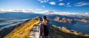 Eine Frau geht den Wanderweg zum Roy's Peak entlang, Neuseeland