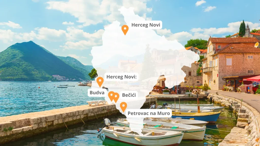 Karte von Montenegro mit hervorgehobenen Reisezielen wie Herceg Novi, Budva, Bečići und Petrovac na Moru