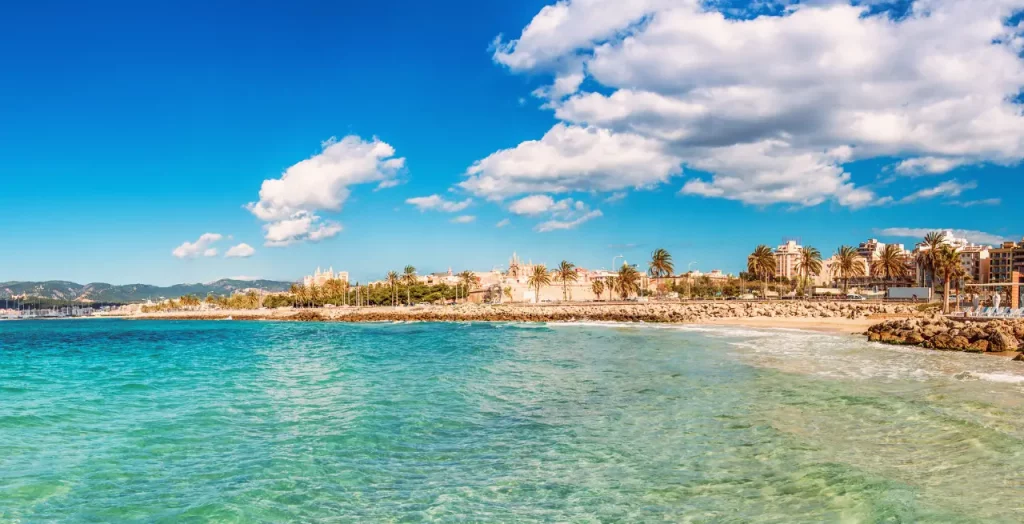 Panoramablick auf Playa de Mallorca mit klarem türkisfarbenem Wasser, Palmenpromenade und historischer Architektur im Hintergrund [Bildquelle: © Juergen Sack | Canva]