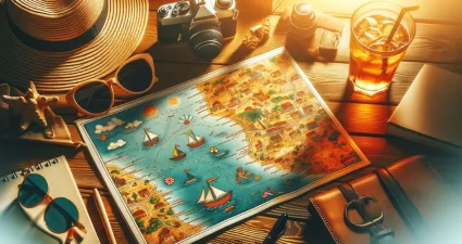 Reisevorbereitung mit einer illustrierten Landkarte, Sommerhut, Sonnenbrillen, Kameras und einem erfrischenden Getränk auf einem Holztisch [Bildquelle: © DALL·E]