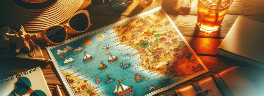 Reisevorbereitung mit einer illustrierten Landkarte, Sommerhut, Sonnenbrillen, Kameras und einem erfrischenden Getränk auf einem Holztisch [Bildquelle: © DALL·E]